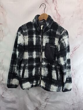Columbia Jacket Womens Small Black Plaid Sherpa Teddy Fuzzy Mock Zip West Bend